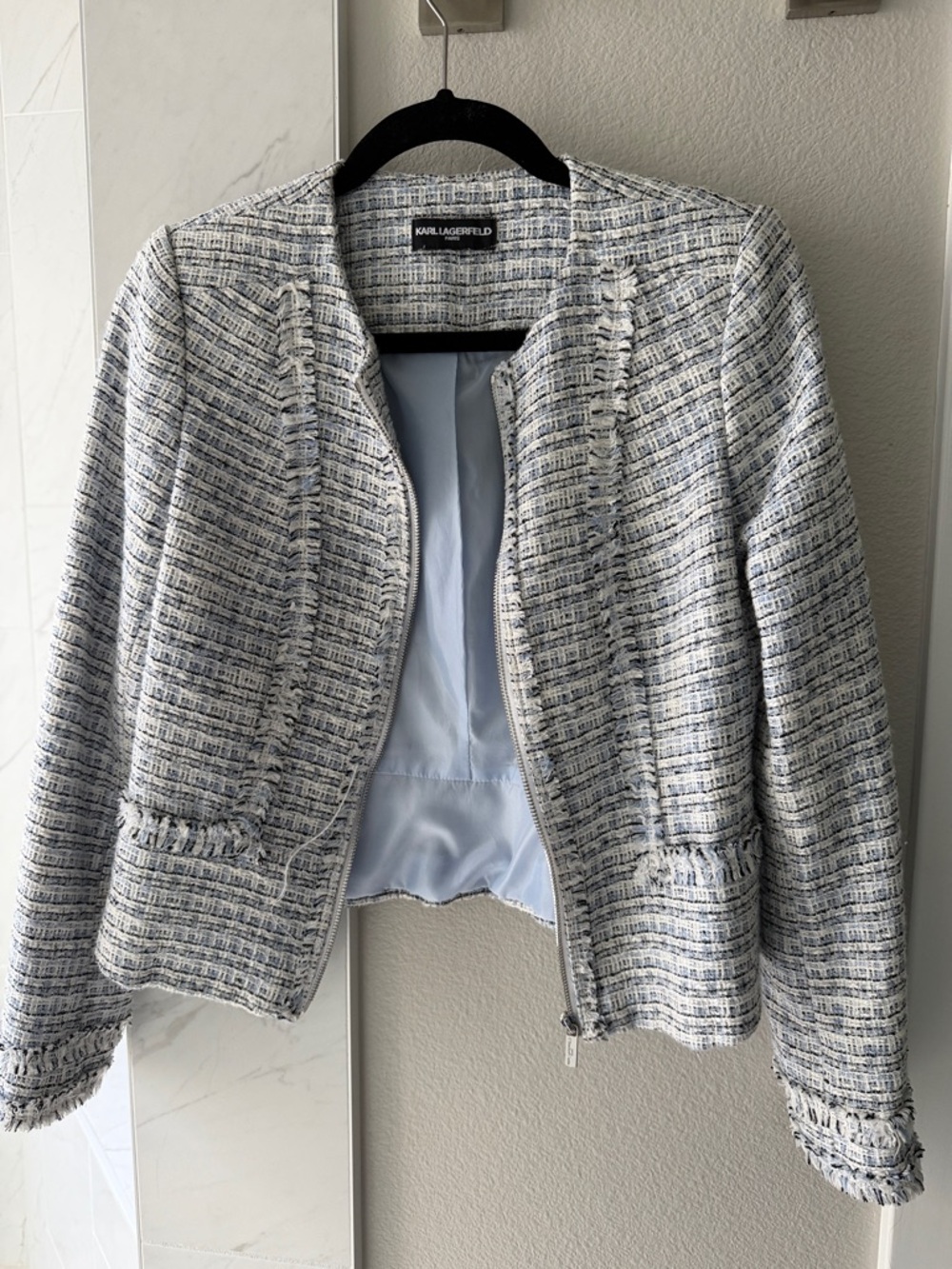 Karl Lagerfeld Light Blue and White Tweed Collarless Jacket